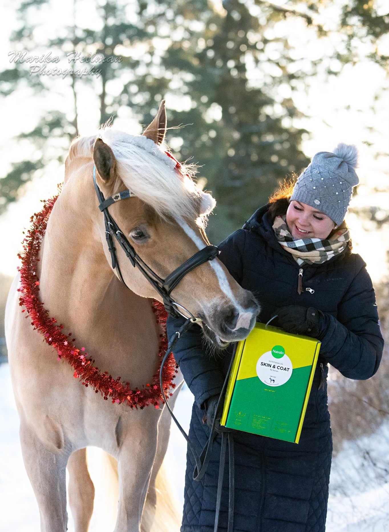 liinakkosuomenhevostamma haistelee Nutrolin Horse Skin & Coat pakettia, jota pitelee hevosen vieressä seisova nuori nainen